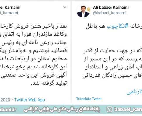 توئیت دکتر بابایی کارنامی و خبر از لغو فروش کارخانه های صنایع چوب و کاغذ مازندران و نکاچوب
